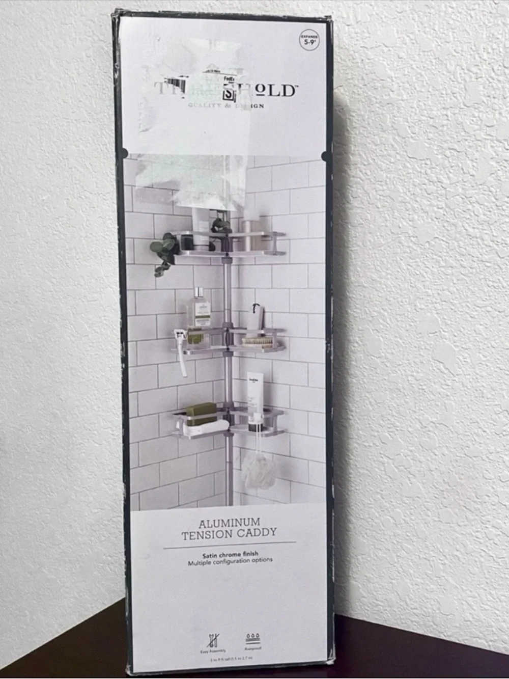 Threshold Corner 3-Tier Shelves Tension Pole Shower Caddy in Silver (SHIP ALONE)